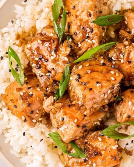 Tender and flaky bites of salmon are coated with a ginger sesame sauce, all cooked together in one pan, and ready in about 20-25 minutes. Serve with some rice and vegetables and you have a quick and easy (and healthy!) dinner on the table!