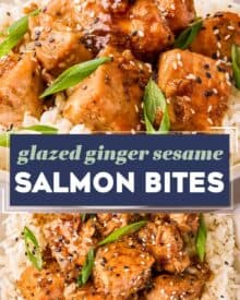 Tender and flaky bites of salmon are coated with a ginger sesame sauce, all cooked together in one pan, and ready in about 20-25 minutes. Serve with some rice and vegetables and you have a quick and easy (and healthy!) dinner on the table!