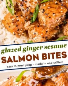 Tender and flaky bites of salmon are coated with a ginger sesame sauce, all cooked together in one pan, and ready in about 20-25 minutes. Serve with some rice and vegetables and you have a quick and easy (and healthy!) dinner on the table!