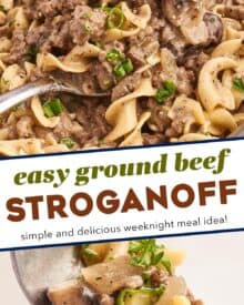 Beef stroganoff is one of the most soul-warming comfort foods around!  This version uses more economical ground beef instead of steak, and is full of mushrooms and onions that are smothered in a rich, beefy gravy and tossed with egg noodles.  Ready in about 30 minutes, it’s a fabulous weeknight dinner option! 