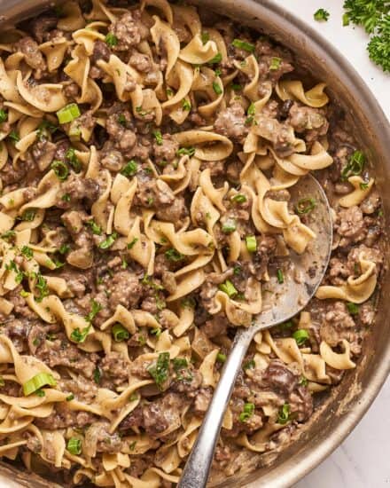 Beef stroganoff is one of the most soul-warming comfort foods around!  This version uses more economical ground beef instead of steak, and is full of mushrooms and onions that are smothered in a rich, beefy gravy and tossed with egg noodles.  Ready in about 30 minutes, it’s a fabulous weeknight dinner option! 
