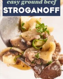 Beef stroganoff is one of the most soul-warming comfort foods around!  This version uses more economical ground beef instead of steak, and is full of mushrooms and onions that are smothered in a rich, beefy gravy and tossed with egg noodles.  Ready in about 30 minutes, it’s a fabulous weeknight dinner option! 