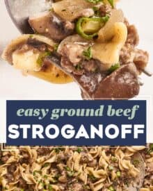 Beef stroganoff is one of the most soul-warming comfort foods around!  This version uses more economical ground beef instead of steak, and is full of mushrooms and onions that are smothered in a rich, beefy gravy and tossed with egg noodles.  Ready in about 30 minutes, it’s a fabulous weeknight dinner option! 