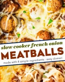 Everything you love about classic French onion dip, combined with meatballs and made so easily in the slow cooker! This meatball recipe is perfect as a fun dinner, or even an appetizer, and is made using just 4 ingredients.