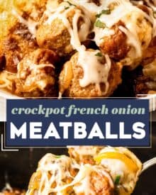 Everything you love about classic French onion dip, combined with meatballs and made so easily in the slow cooker! This meatball recipe is perfect as a fun dinner, or even an appetizer, and is made using just 4 ingredients.