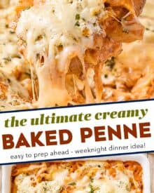 This creamy baked penne recipe is loaded with meaty and cheesy deliciousness! Perfect as a freezer meal or a big family dinner, this pasta bake is made with al dente pasta, a creamy marinara meat sauce, herbed cream cheese, and plenty of mozzarella and Parmesan!