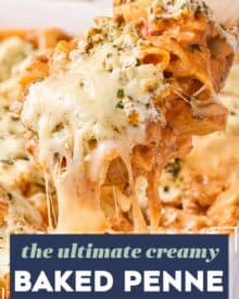 This creamy baked penne recipe is loaded with meaty and cheesy deliciousness! Perfect as a freezer meal or a big family dinner, this pasta bake is made with al dente pasta, a creamy marinara meat sauce, herbed cream cheese, and plenty of mozzarella and Parmesan!