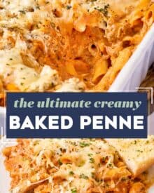 This creamy baked penne recipe is loaded with meaty and cheesy deliciousness! Perfect as a freezer meal or a big family dinner, this pasta bake is made with al dente pasta, a creamy marinara meat sauce, herbed cream cheese, and plenty of mozzarella and Parmesan!