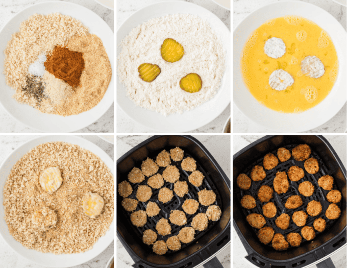 step by step photo collage of how to make fried pickles in an air fryer