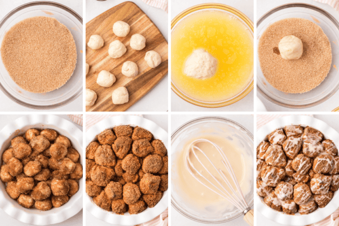 step by step photo collage of how to make cinnamon sugar monkey bread bites