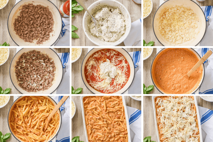 step by step photo collage of how to make baked penne.
