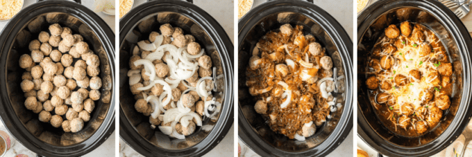 step by step photo collage of of how to make french onion meatballs in the slow cooker.