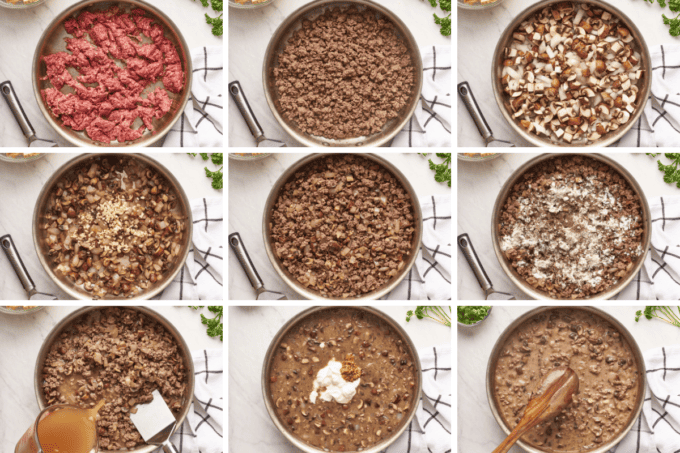 step by step photo collage of how to make ground beef stroganoff
