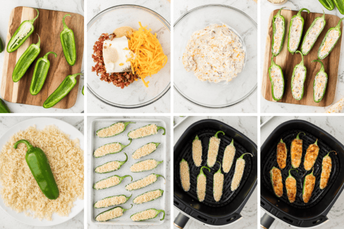 step by step photo collage of how to make air fryer jalapeno poppers.