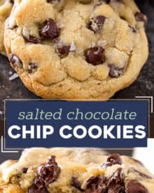 These Salted Chocolate Chip Cookies are thick and chewy cookies that are perfectly crisp on the edges and soft in the middle. The sea salt just accentuates the rich chocolate flavor!