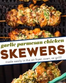 These garlic parmesan chicken skewers are cooked until tender and juicy in the air fryer and slathered in a mouthwatering garlic and parmesan butter! Perfect as a quick dinner, and I've also included oven and grill directions.