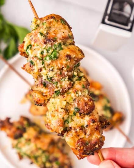 These garlic parmesan chicken skewers are cooked until tender and juicy in the air fryer and slathered in a mouthwatering garlic and parmesan butter! Perfect as a quick dinner, and I've also included oven and grill directions.