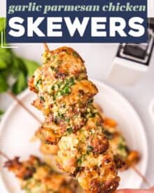 These garlic parmesan chicken skewers are cooked until tender and juicy in the air fryer and slathered in a mouthwatering garlic and parmesan butter! Perfect as a quick dinner, and I've also included oven and grill directions.