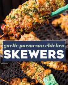 These garlic parmesan chicken skewers are cooked until tender and juicy in the air fryer and slathered in a mouthwatering garlic and parmesan butter! Perfect as a quick dinner, and I've also included oven and grill directions.