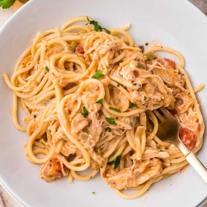 This creamy chicken spaghetti is incredibly low-maintenance, yet absolutely loaded with flavor! It's very customize-able, so you can make it just the way you love, and is perfect for a busy weeknight dinner.