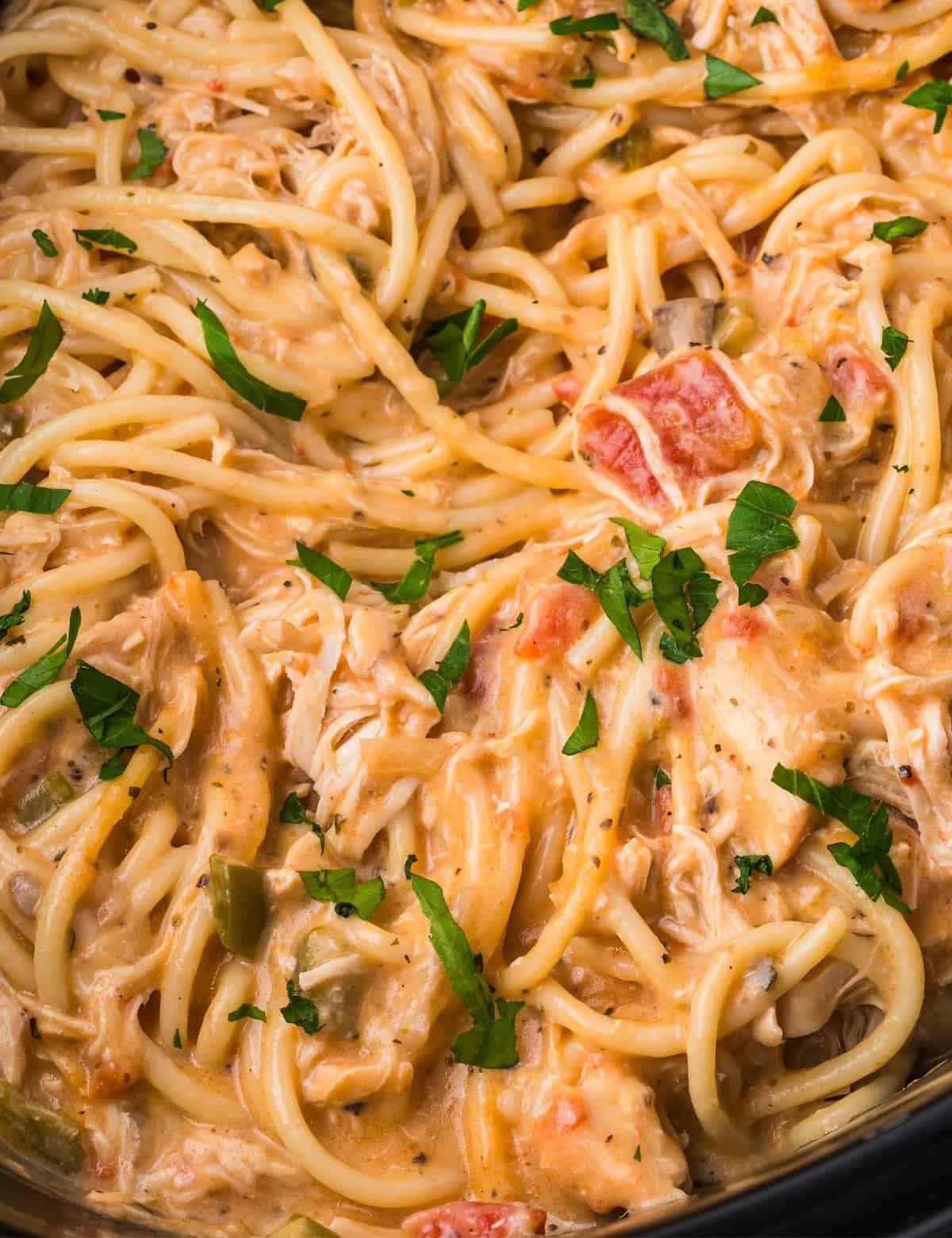 This creamy chicken spaghetti is incredibly low-maintenance, yet absolutely loaded with flavor! It's very customize-able, so you can make it just the way you love, and is perfect for a busy weeknight dinner.