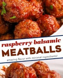These Raspberry Balsamic Crockpot Meatballs are made easily with frozen meatballs and cooked low and slow in a mouthwatering sweet and savory sauce made from just 5 ingredients! Perfect as a party appetizer, game day treat, or fun dinner!
