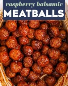 These Raspberry Balsamic Crockpot Meatballs are made easily with frozen meatballs and cooked low and slow in a mouthwatering sweet and savory sauce made from just 5 ingredients! Perfect as a party appetizer, game day treat, or fun dinner!