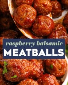 These Raspberry Balsamic Crockpot Meatballs are made easily with frozen meatballs and cooked low and slow in a mouthwatering sweet and savory sauce made from just 5 ingredients! Perfect as a party appetizer, game day treat, or fun dinner!