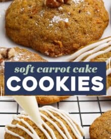 These soft and tender carrot cake cookies are perfect with just a dusting of powdered sugar, or a decadent drizzle of cream cheese frosting! They're so moist and the perfect Easter or Spring dessert!