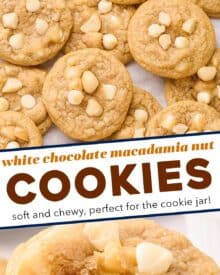 These bakery-style white chocolate macadamia nut cookies are soft and chewy, and oh so delicious! Perfect for cookie exchanges, dessert trays, or a fun afternoon treat.