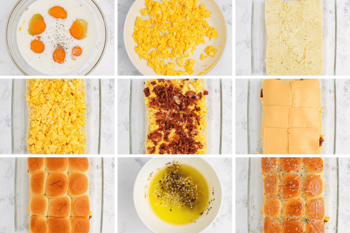 step by step photo collage of how to make bacon egg and cheese breakfast sliders.