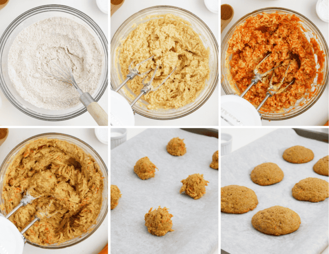 step by step photo collage of how to make carrot cake cookies