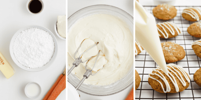 step by step photo collage of how to make cream cheese frosting