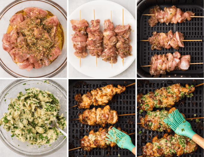 step by step photo collage of how to make garlic parmesan chicken skewers.