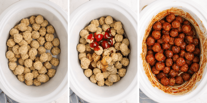 step by step photo collage of how to make raspberry balsamic crockpot meatballs.