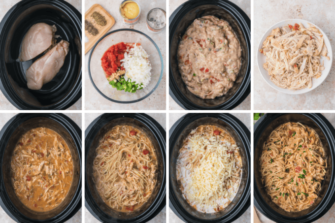 step by step photo collage of how to make creamy chicken spaghetti in the slow cooker.