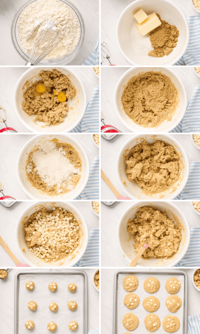 step by step photos of how to make white chocolate macadamia nut cookies.