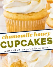 These chamomile cupcakes are the perfect blend of fluffy, soft, and moist. Topped with a generous swirl of honey buttercream frosting, they taste like a sweet cup of chamomile tea, and are perfect for Spring and/or Easter!