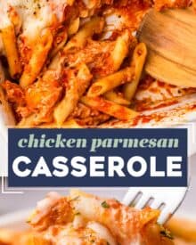 This chicken parmesan casserole combines everything you love about classic chicken parmesan, with a baked pasta dish. Perfect for a family dinner, this recipe uses store-bought shortcuts, and can also be made partially ahead of time or frozen!