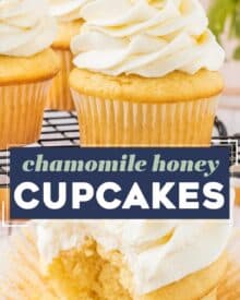 These chamomile cupcakes are the perfect blend of fluffy, soft, and moist. Topped with a generous swirl of honey buttercream frosting, they taste like a sweet cup of chamomile tea, and are perfect for Spring and/or Easter!