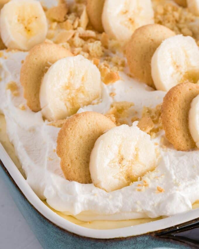 banana pudding in a baking dish.