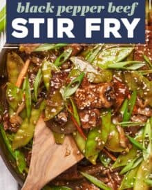 This black pepper beef stir fry is made with tender pieces of steak that are tossed in a deliciously sticky, savory, and slightly sweet sauce that perfectly coats the beef and veggies! Made in one skillet, and ready in about 30-40 minutes, it’s the ultimate weeknight dinner idea. Skip the takeout and make your own!