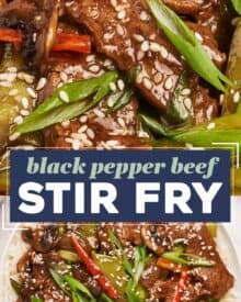 This black pepper beef stir fry is made with tender pieces of steak that are tossed in a deliciously sticky, savory, and slightly sweet sauce that perfectly coats the beef and veggies! Made in one skillet, and ready in about 30-40 minutes, it’s the ultimate weeknight dinner idea. Skip the takeout and make your own!