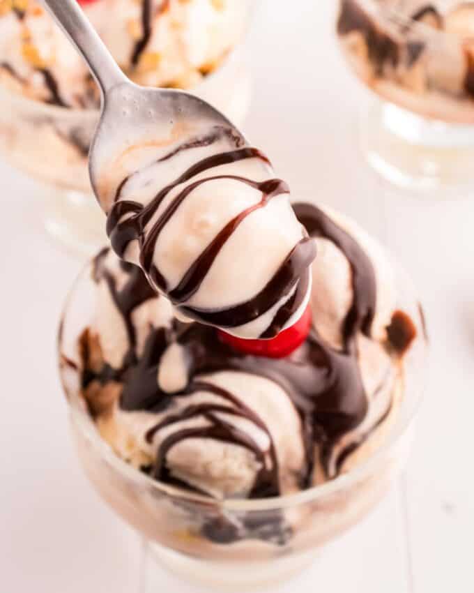 spoonful of ice cream with hot fudge sauce.