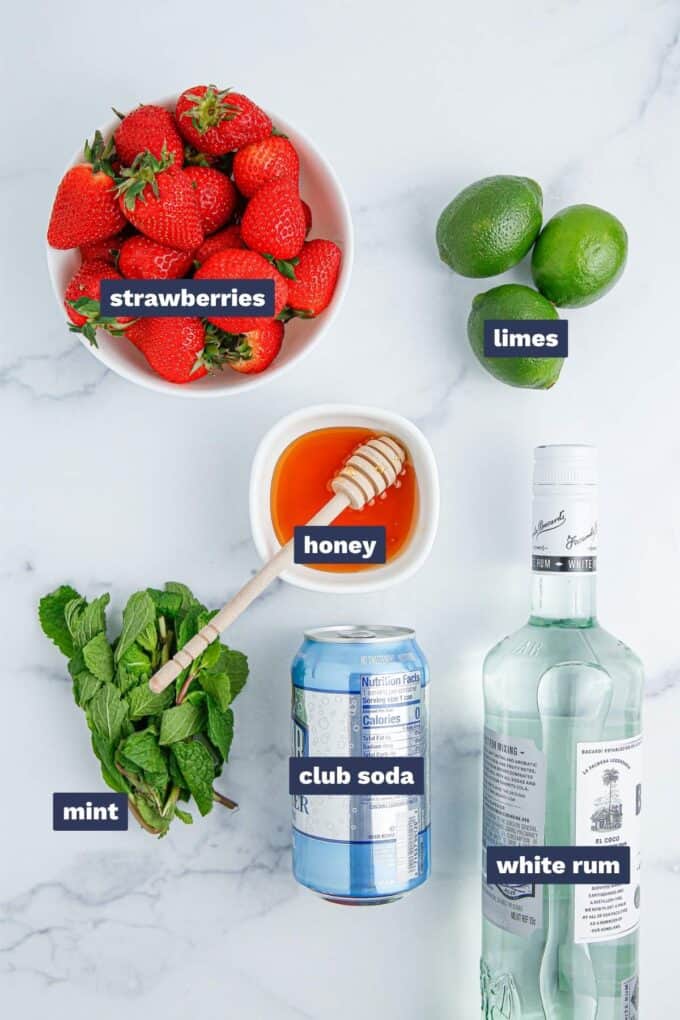 ingredients needed to make strawberry mojitos.