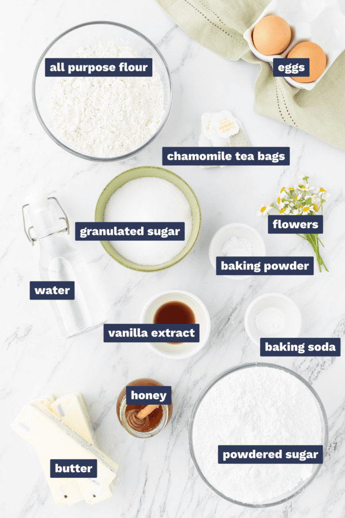 list of ingredients needed to make chamomile honey cupcakes.