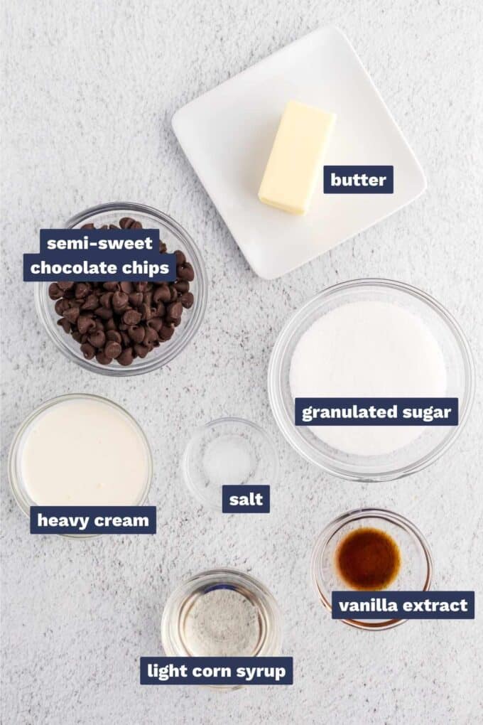 ingredients needed to make homemade hot fudge sauce.