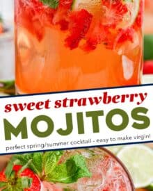 These sweet strawberry mojitos are a summery twist on a classic mojito cocktail, and are perfect for all your warm-weather gatherings! This recipe includes both small and large batch instructions.