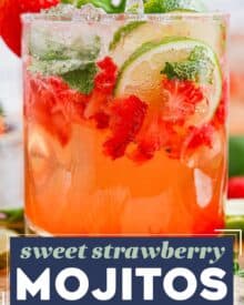 These sweet strawberry mojitos are a summery twist on a classic mojito cocktail, and are perfect for all your warm-weather gatherings! This recipe includes both small and large batch instructions.