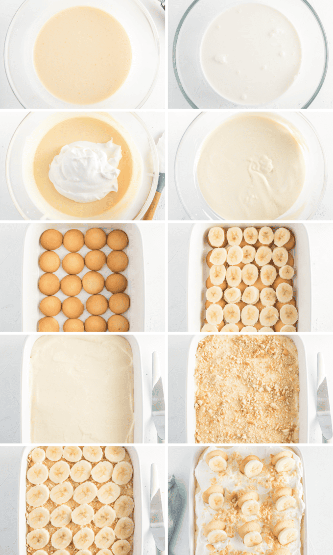 step by step photo collage of how to make banana pudding.